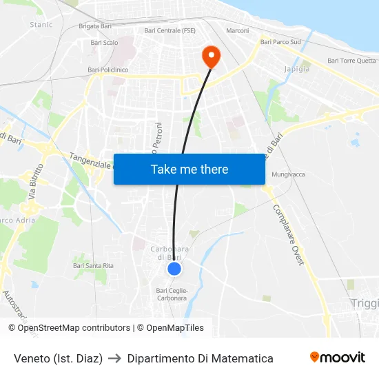 Veneto (Diaz Institute) to Mathematics Department map