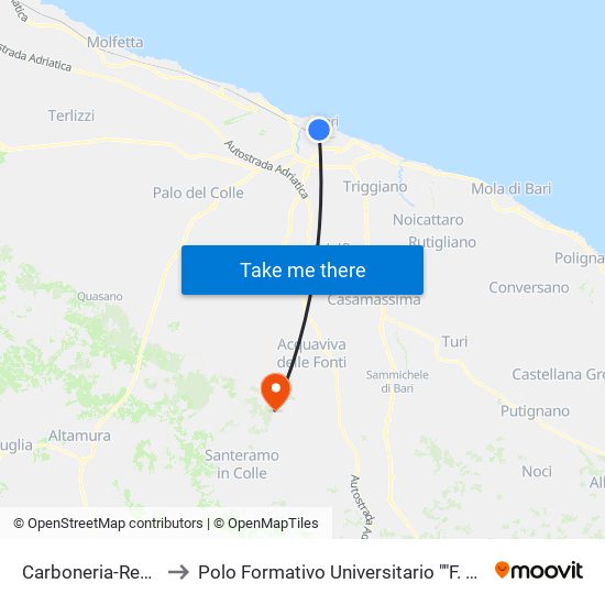 Carboneria-Regina to Polo Formativo Universitario ""F. Miulli"" map
