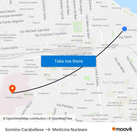 Sonnino-Carabellese to Medicina Nucleare map