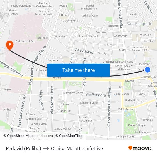 Redavid (Poliba) to Clinica Malattie Infettive map
