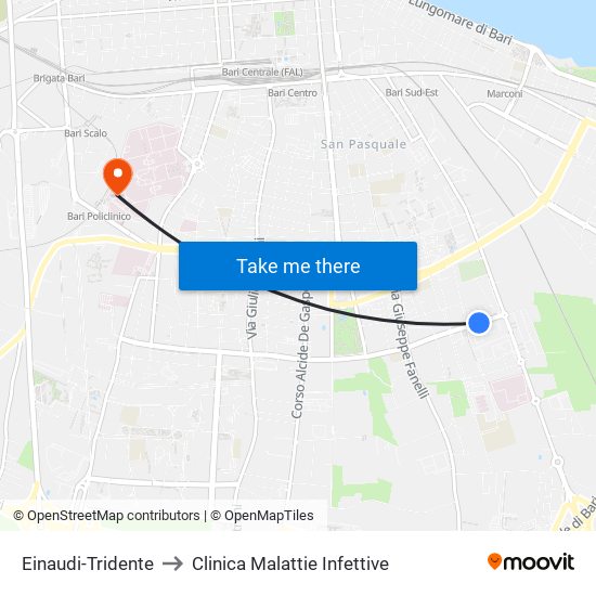 Einaudi-Tridente to Clinica Malattie Infettive map