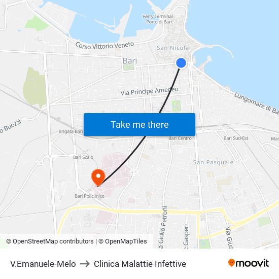V.Emanuele-Melo to Clinica Malattie Infettive map