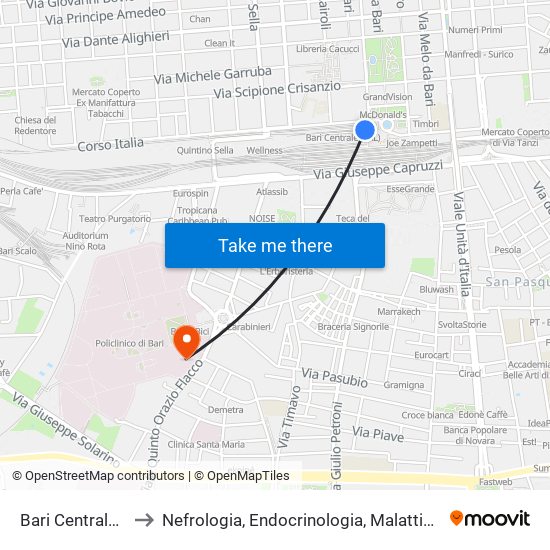 Bari Centrale (Fnb) to Nefrologia, Endocrinologia, Malattie Metaboliche map