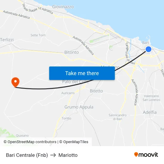 Bari Centrale (Fnb) to Mariotto map