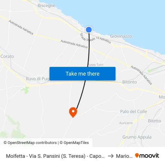 Molfetta - Via S. Pansini (S. Teresa) - Capolinea Sud to Mariotto map
