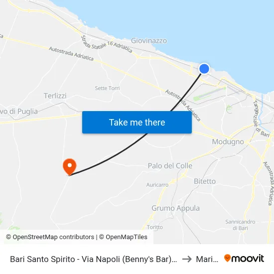 Bari Santo Spirito - Naples Street (Benny's Bar) - South Terminal to Mariotto map