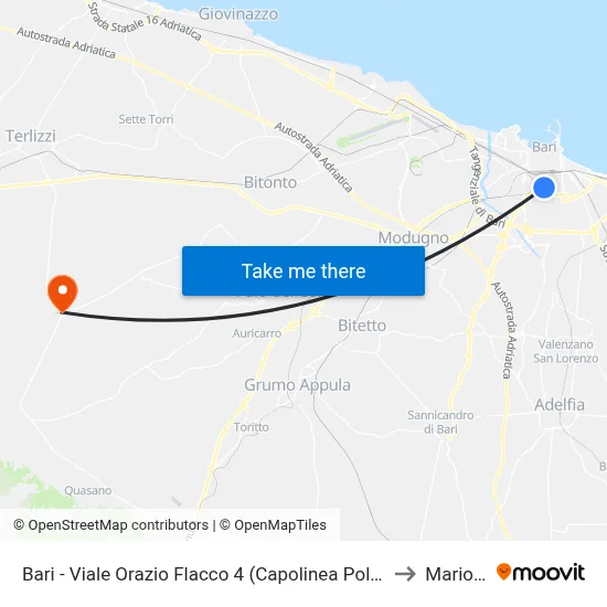 Bari - Viale Orazio Flacco 4 (Policlinico Terminal) to Mariotto map