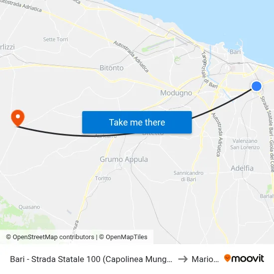 Bari - State Road 100 (Mungivacca Terminal) to Mariotto map