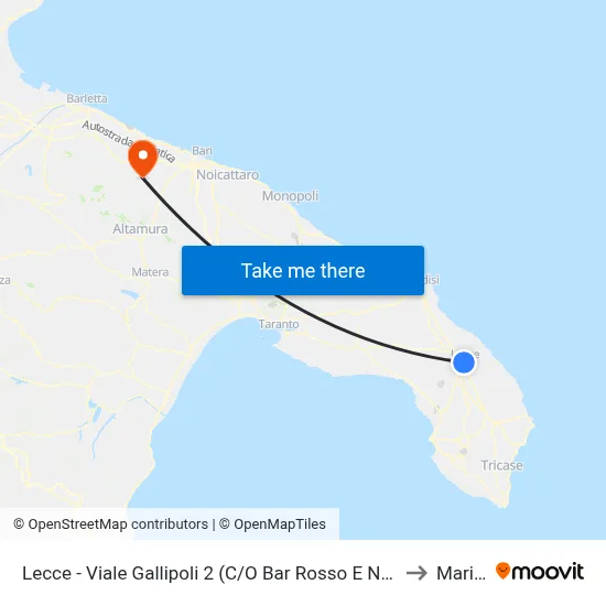 Lecce - Viale Gallipoli 2 (C/O Bar Rosso E Nero) - Salento In Bus to Mariotto map