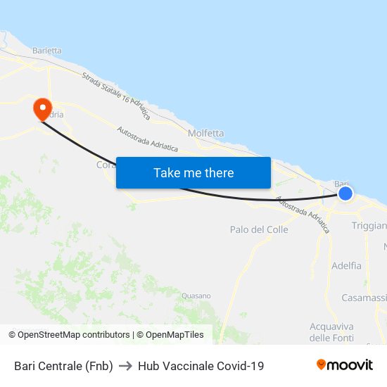 Bari Centrale (Fnb) to Hub Vaccinale Covid-19 map