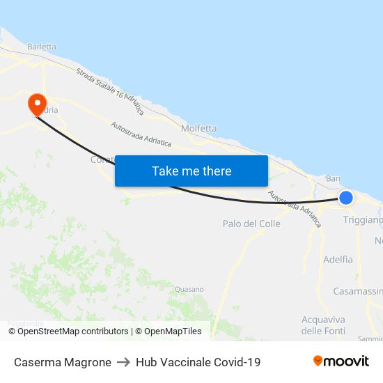 Caserma Magrone to Hub Vaccinale Covid-19 map