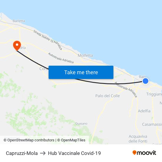 Capruzzi-Mola to Hub Vaccinale Covid-19 map