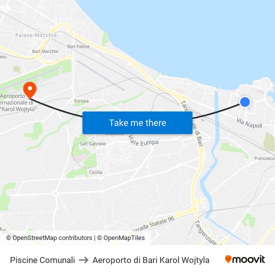 Piscine Comunali to Aeroporto di Bari Karol Wojtyla map