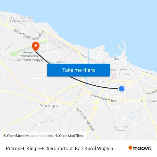 Petroni-L.King to Aeroporto di Bari Karol Wojtyla map