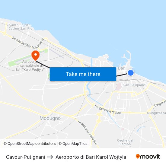 Cavour-Putignani to Aeroporto di Bari Karol Wojtyla map