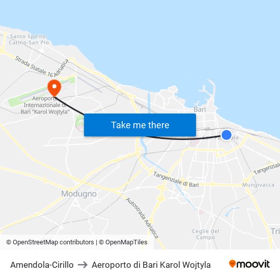 Amendola-Cirillo to Aeroporto di Bari Karol Wojtyla map