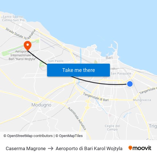 Caserma Magrone to Aeroporto di Bari Karol Wojtyla map