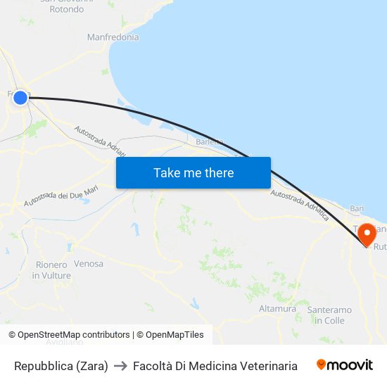 Repubblica (Zara) to Facoltà Di Medicina Veterinaria map