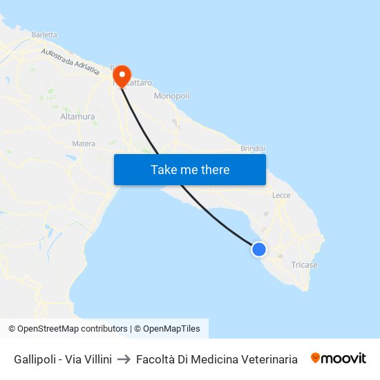 Gallipoli - Via Villini to Facoltà Di Medicina Veterinaria map