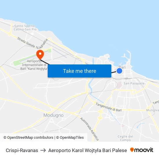 Crispi-Ravanas to Aeroporto Karol Wojtyła Bari Palese map