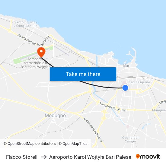 Flacco-Storelli to Aeroporto Karol Wojtyła Bari Palese map