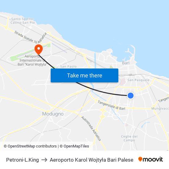 Petroni-L.King to Aeroporto Karol Wojtyła Bari Palese map