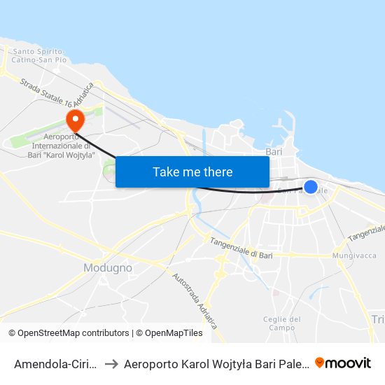 Amendola-Cirillo to Aeroporto Karol Wojtyła Bari Palese map