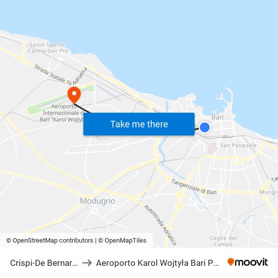 Crispi-De Bernardis to Aeroporto Karol Wojtyła Bari Palese map