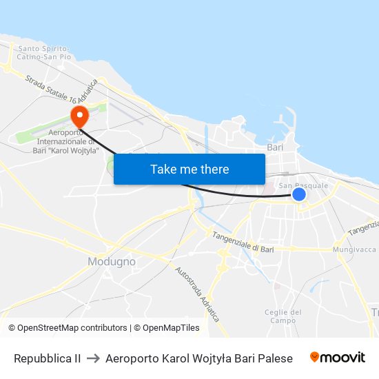 Repubblica II to Aeroporto Karol Wojtyła Bari Palese map