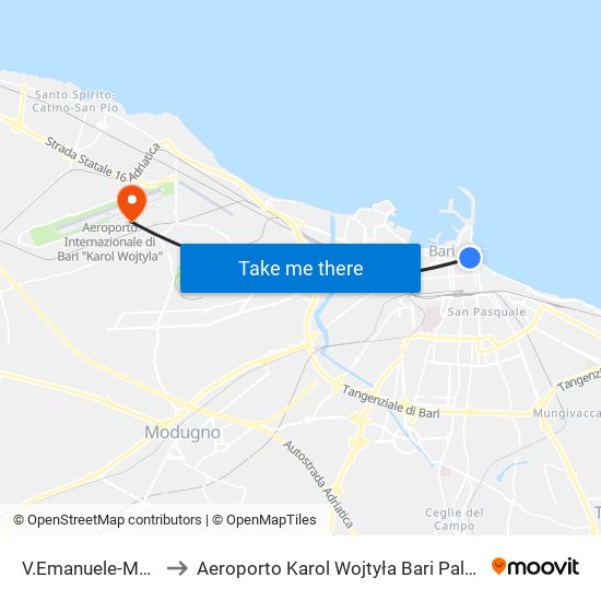 V.Emanuele-Melo to Aeroporto Karol Wojtyła Bari Palese map