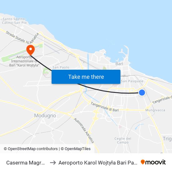 Caserma Magrone to Aeroporto Karol Wojtyła Bari Palese map