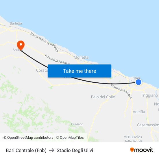 Bari Centrale (Fnb) to Stadio Degli Ulivi map
