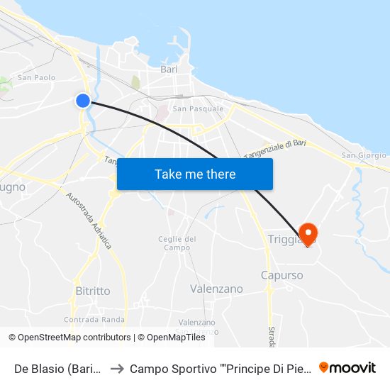De Blasio (Barimax) to Campo Sportivo ""Principe Di Piemonte"" map