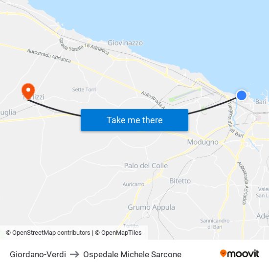 Giordano-Verdi to Ospedale Michele Sarcone map