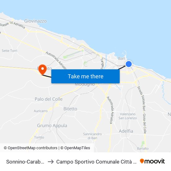 Sonnino-Carabellese to Campo Sportivo Comunale Città Degli Ulivi map