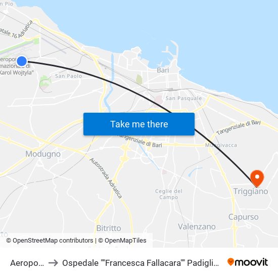 Aeroporto to Ospedale ""Francesca Fallacara"" Padiglione Nord map