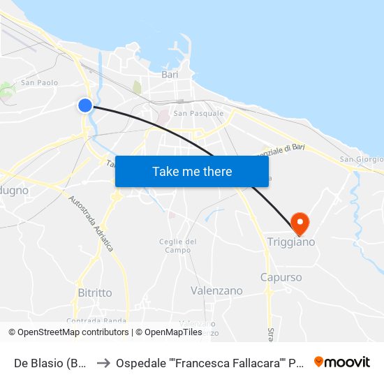 De Blasio (Barimax) to Ospedale ""Francesca Fallacara"" Padiglione Nord map