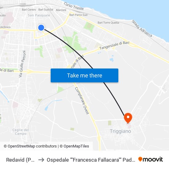 Redavid (Poliba) to Ospedale ""Francesca Fallacara"" Padiglione Nord map