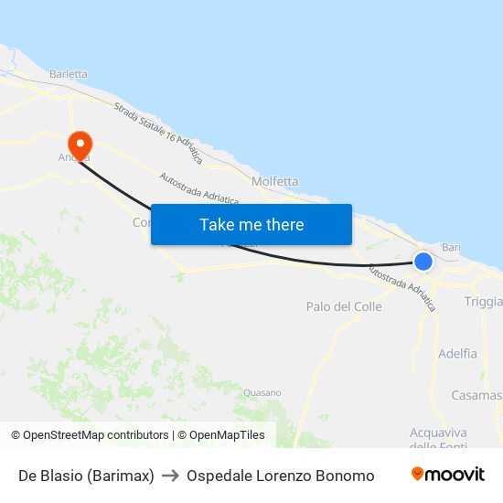 De Blasio (Barimax) to Ospedale Lorenzo Bonomo map