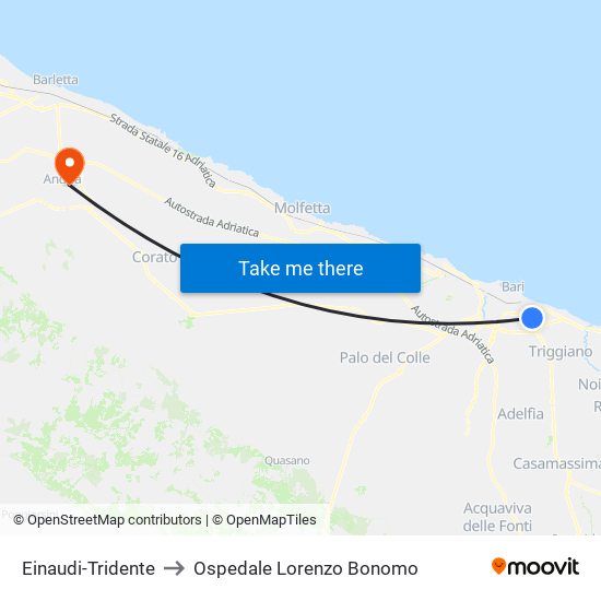 Einaudi-Tridente to Ospedale Lorenzo Bonomo map