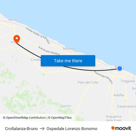 Crollalanza-Bruno to Ospedale Lorenzo Bonomo map