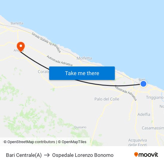 Bari Centrale(A) to Ospedale Lorenzo Bonomo map