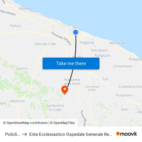 Policlinico to Ente Ecclesiastico Ospedale Generale Regionale ""F. Miulli"" map