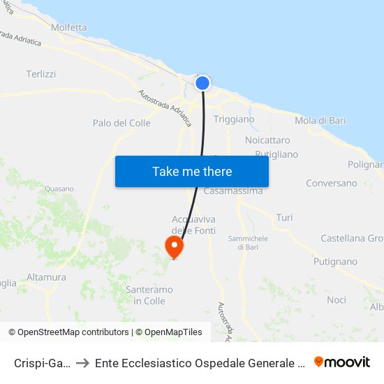 Crispi-Garibaldi to Ente Ecclesiastico Ospedale Generale Regionale ""F. Miulli"" map