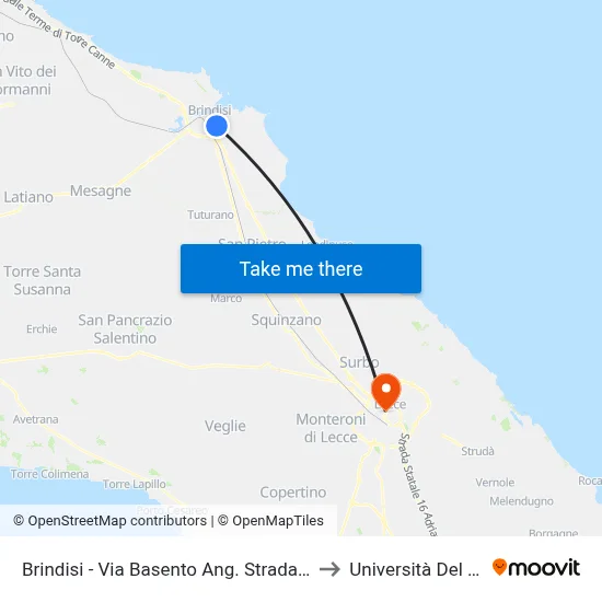 Brindisi - Via Basento Ang. Strada Per Villanova to University of Salento map