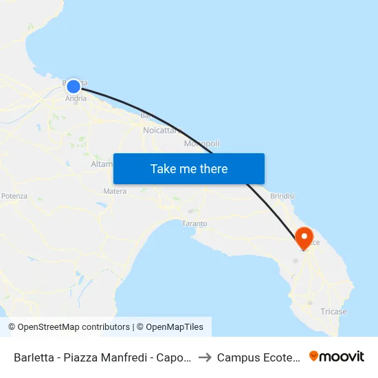 Barletta - Piazza Manfredi - Terminal to Ecotekne Campus map