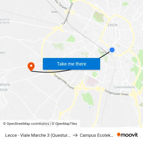Lecce - Viale Marche 3 (Police Headquarters) to Ecotekne Campus map
