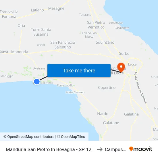 Manduria San Pietro In Bevagna - SP 122 (Quota 11 Ristorante Miramare) to Campus Ecotekne map