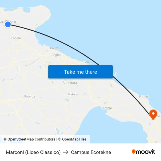 Marconi (Classical High School) to Ecotekne Campus map