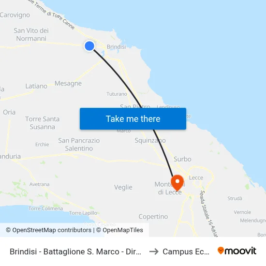 Brindisi - Battaglione S. Marco - Direzione S. Vito to Campus Ecotekne map